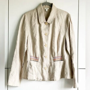J. Jill Linen Jacket Blazer Size Small Embroidered Multicolor Natural Lagenlook